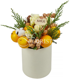 gift box with flowers, honey and lemons